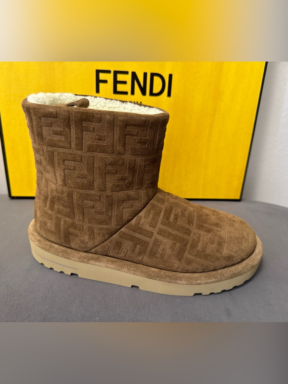 New Fendi FF Logo Afterski Suede & Shearling Ankle Boots. Sz 7 UK/8US. $995